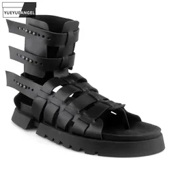 Harajuku Gladiator High Top Shoes Mens Open Toe Thick Bottom Genuine Leather Roman Sandals Male Summer Fashion Outside Sandal