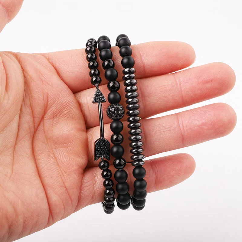 New Fashion Natural Stone Matte Onyx CZ Pave Arrow Ball Charm Beads Elastic Bracelet Set For Men