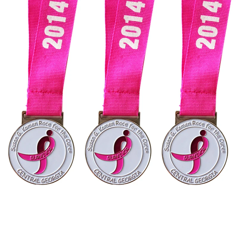 Manufacturer customized pink ribbon medal new high quality electroplated silver paint 3D medal