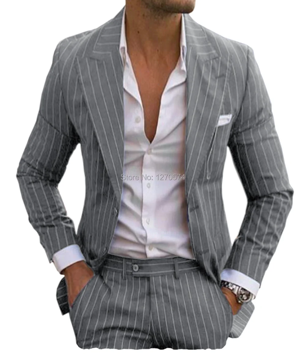 2024 New Men\'s Pinstripe Suits Two Pieces Pinstripe Tuxedos Slim Fit  Peaked Lapel Groomsmen Suits For Wedding (Blazer+Pants)