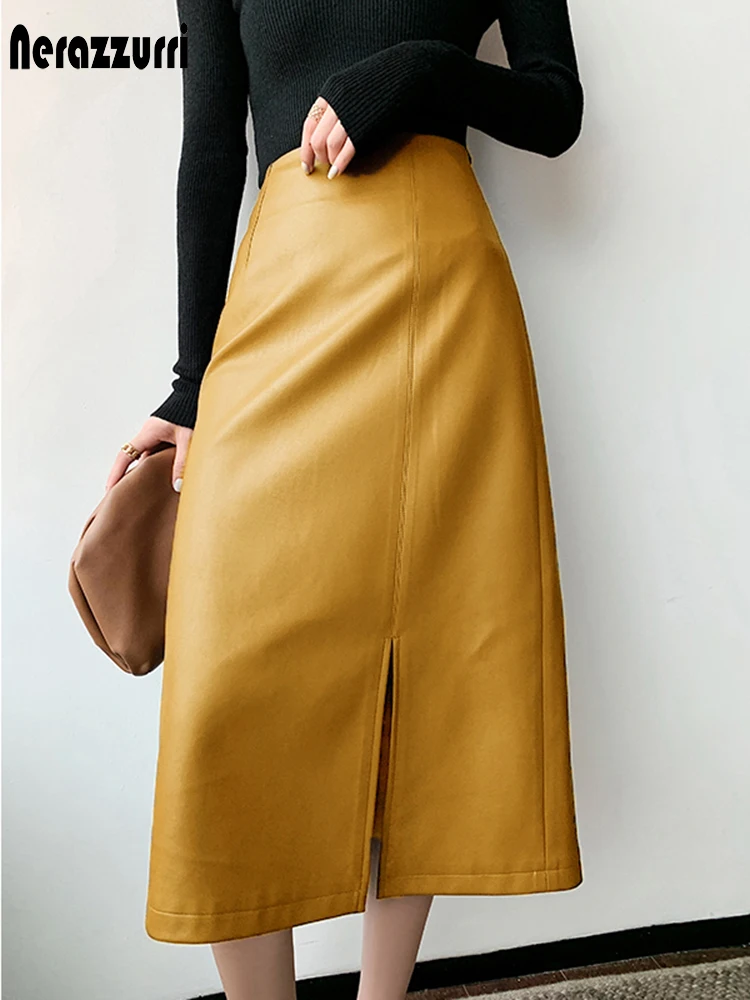 Nerazzurri Midi skirts below knee 2021 Yellow black soft leather skirt women zipper Long straight skirts for women high waist