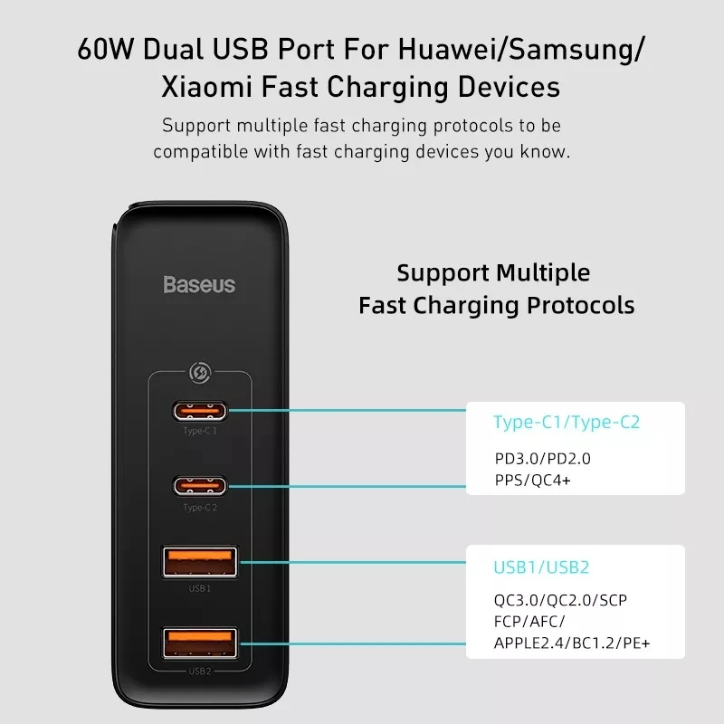 Baseus GaN Charger 100W PD QC USB Fast Charger Type C Quick Charging USB C Phone Charger for iPhone 15 14 13 12 Pro Max Macbook