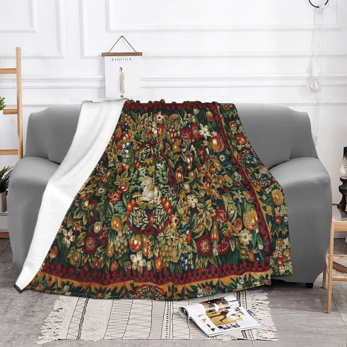 Manta de tapiz Floral de unicornio Medieval, a cuadros para cama colcha, edredones para sofá, manta doble, colchas de verano