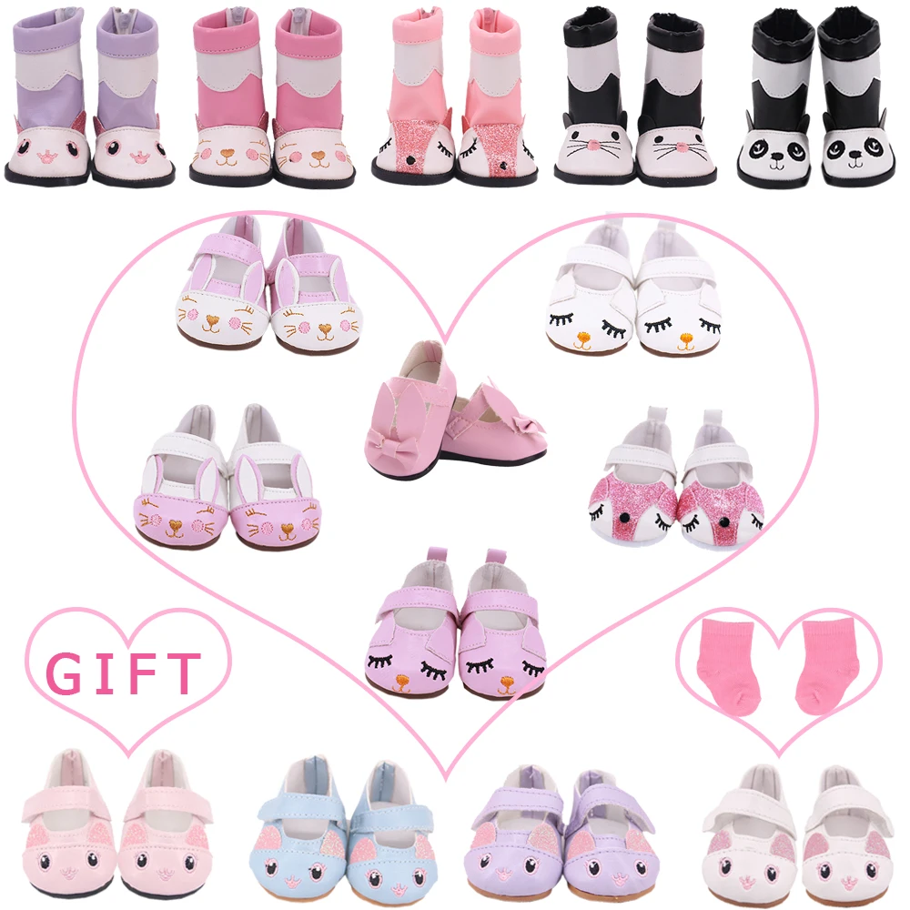 7Cm Doll Shoes Pink Kitty Cortex Boots,Bunny PU Shoes For 18Inch American Doll Gift,43Cm Reborn Baby Play Toy,Generation Gift