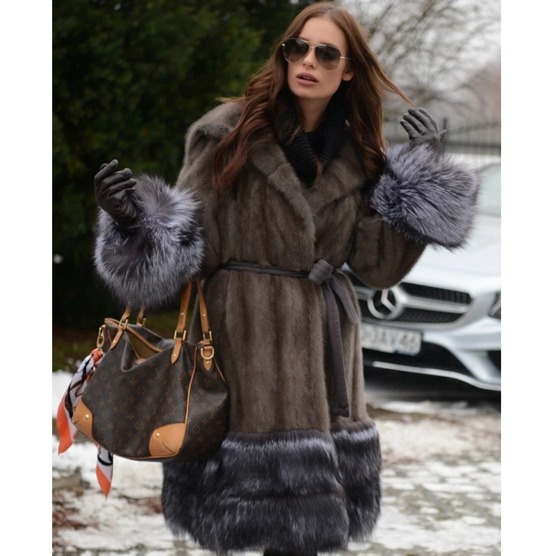 Luxury Long Women Hooded Real Mink Fur Coats With Sliver Fox Fur Cuff and Bottom Natural Mink Fur Coats Russian Winter Overcoat