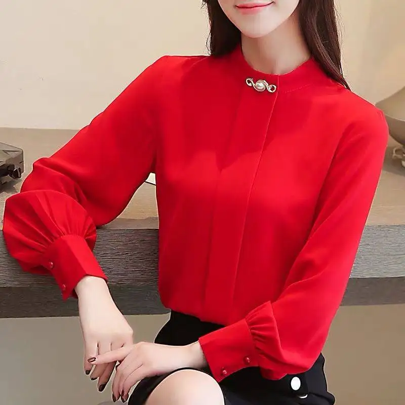 Elegant Fashion Solid Stand Collar Chiffon Shirt Office Lady Casual All-match Commuter Lantern Sleeve Loose Oversized Blouse 5XL