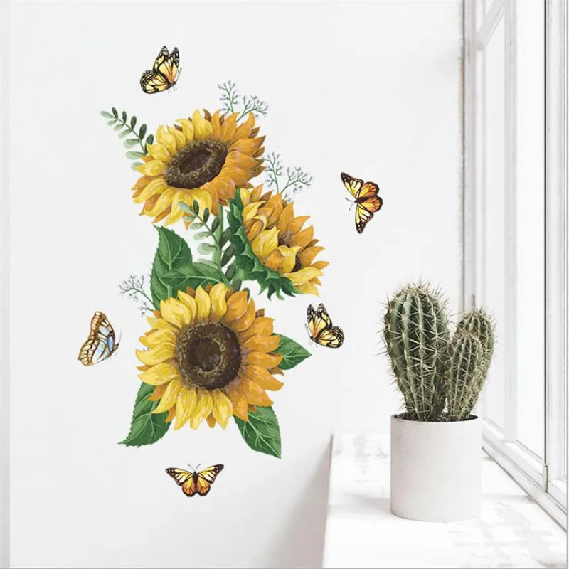 1Pcs New Sunflower Plant Flower Butterfly Wall Sticker For Kid's Bedroom Porch Home Decoration Decal Self-Adhesive Wallpaper