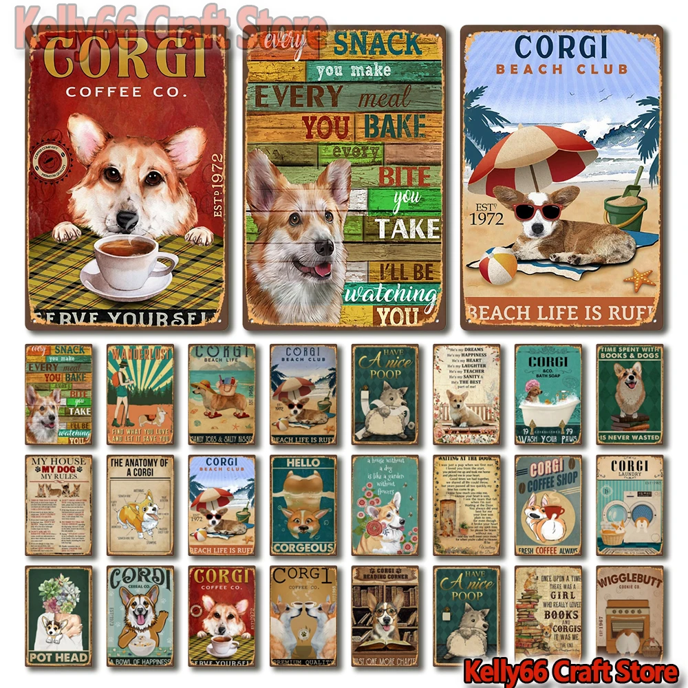 [Kelly66] Pet Corgi Hond Koffie En Boek Beach Club Bad Zeep Art Tin Poster Metal Sign Bar Decor schilderen 20*30 Cm Grootte Dy245