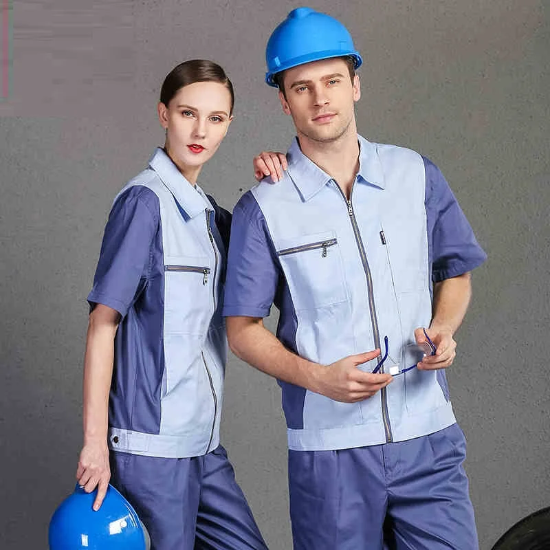 

2020Summer working coverall contrast color Short sleeve dust proof work clothes factory workshop auto repair working uniform 4XL