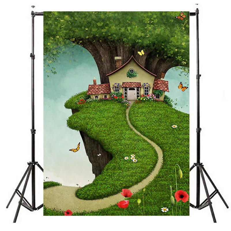 妖精ツリーハウスの背景緑の芝生花蝶子供の誕生日の写真撮影の背景新生児ベビーキッズ写真の背景