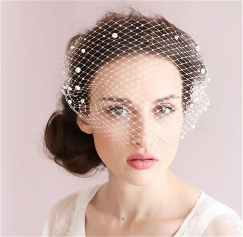 TOPQUEEN VA05 Russian Veiling Birdcage Veil Blusher Veil Hand Applied Pearl Beads Pearl Adorned Bandeau Russian Tulle Cage Veil