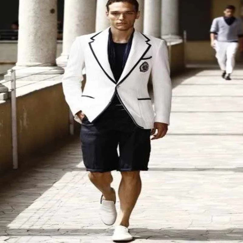 Summer Suits for Men with Black Short Pants 2 piece White Man Suit Set Blazer Casual Wedding Tuxedos Latest Coat Fashion Design