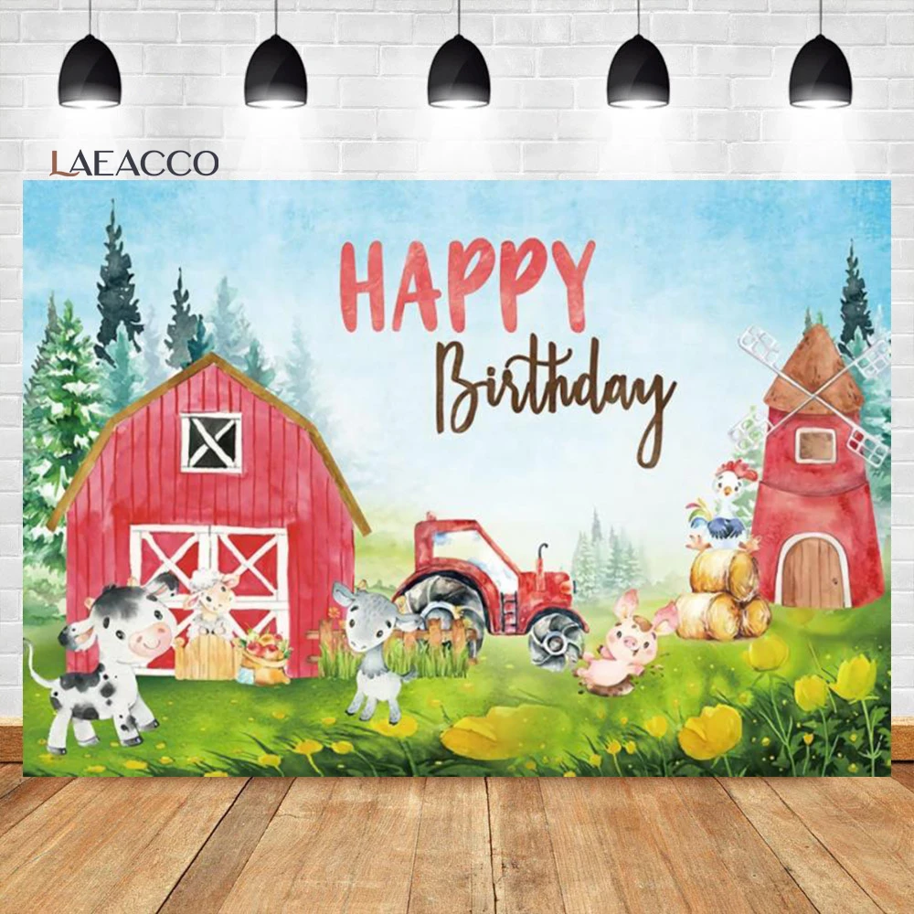 Laeacco Cartoon Bauernhof Geburtstag Hintergrund Rosa Scheune Nette Tiere Scarecrow Kinder Kind Portriat Angepasst Fotografie Hintergrund