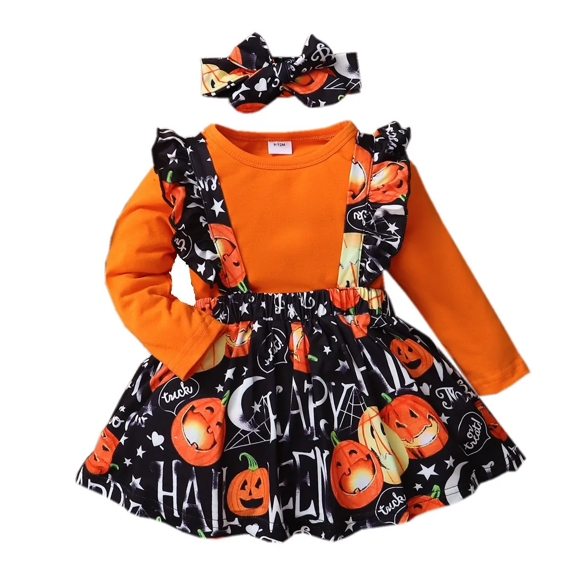 Baby Girl Cute Halloween Suit Skirt Long-sleeved T-shirt with Dress Back Pumpkin Skirt Turban Haltloween Party Cosplay costume