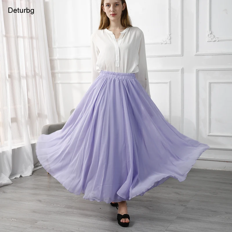 Dames Elegante Zwierige Stevige Maxi Rok Boho Hoge Taille 3 Lagen Chiffon Niet-Transparante Strand A-Line Rokken 2024 Herfst Sk906