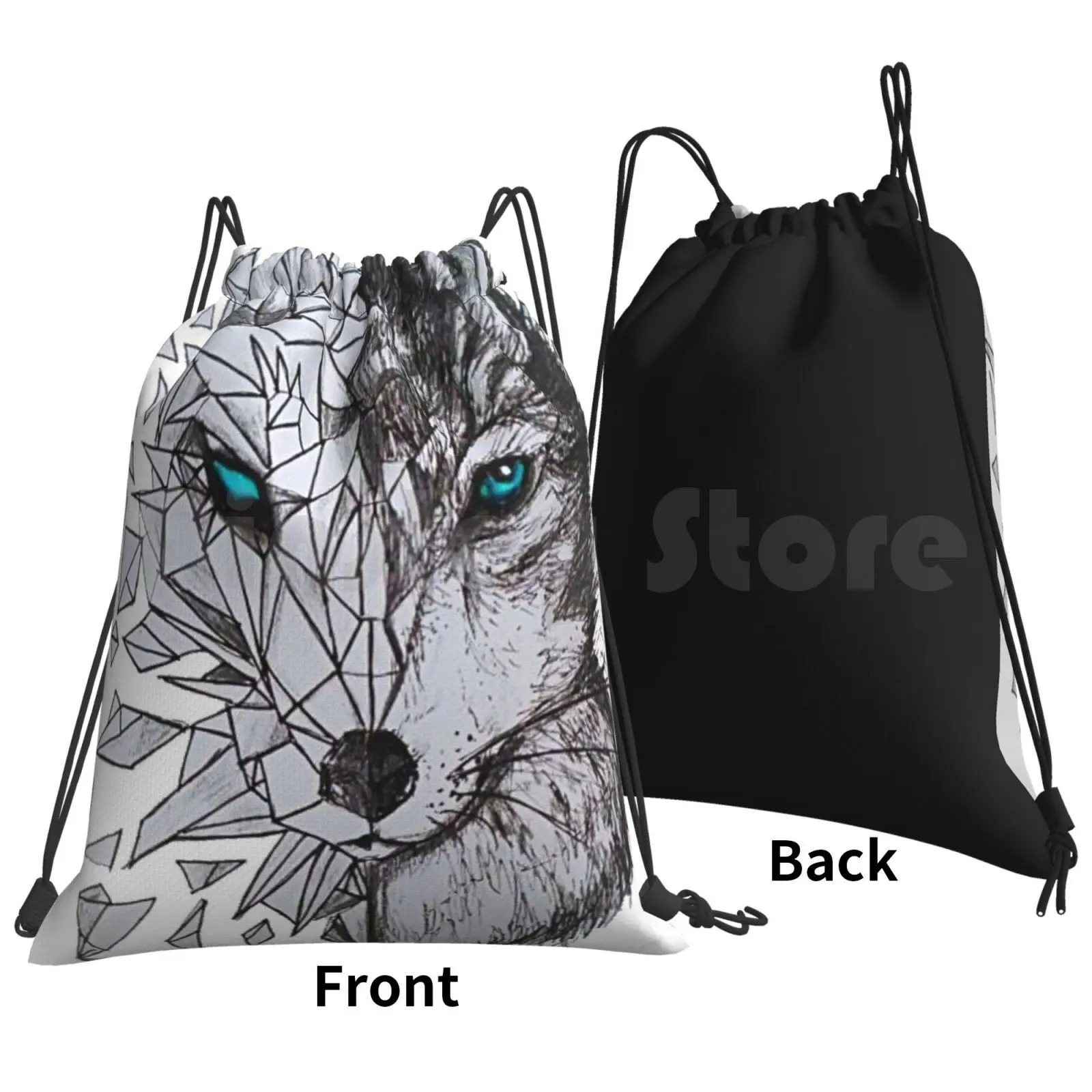 Geometric Wolf Backpack Drawstring Bags Gym Bag Waterproof Cool Pretty Wolf Nature Sketch Lines Blue Fox Hipster Girls