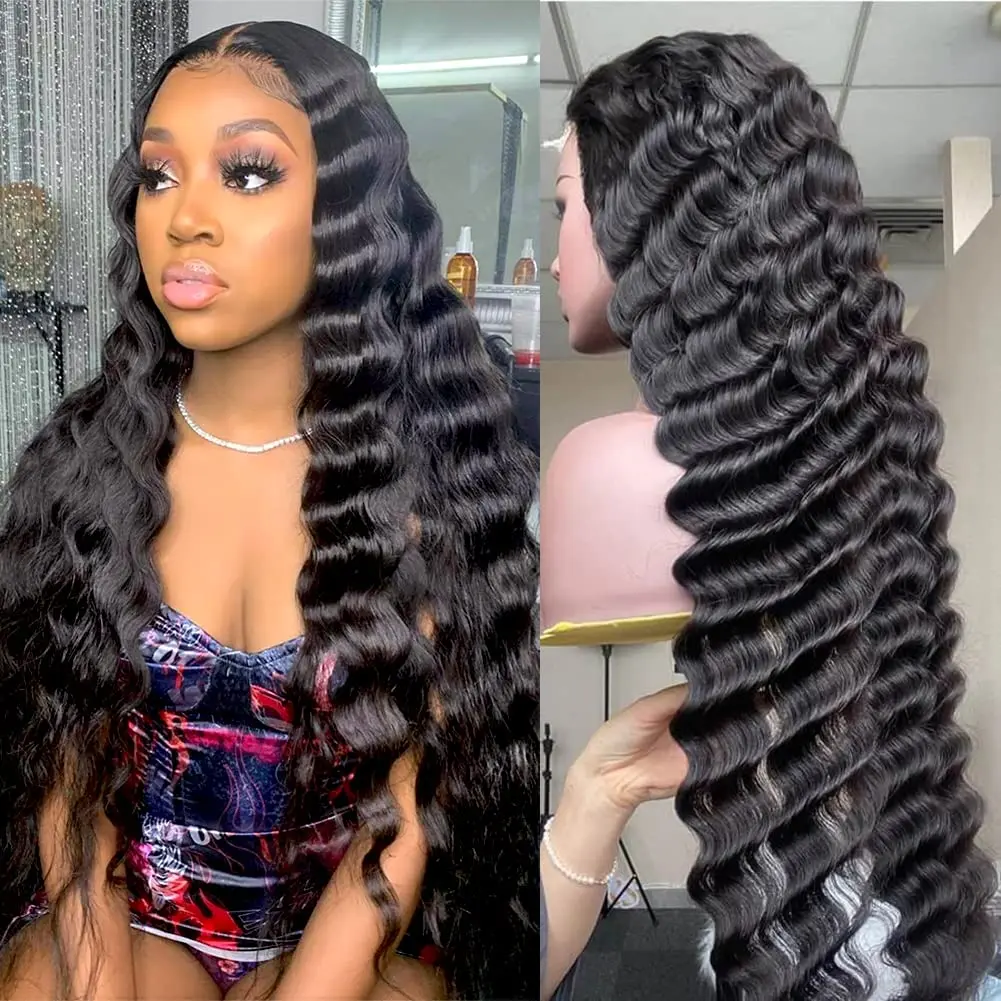 4x4 Loose Deep Wave Frontal Wig Lace Front Human Hair Wigs For Women Deep Curly 28 Inch Peruvian Loose Deep Wave  Human Hair Wig