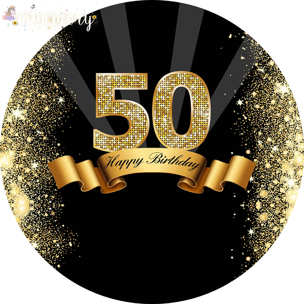 Gold and Black 50th Birthday Round Backdrop Adult Golden Glitter Diamond Fifty Background Party Decoration Banner Circle