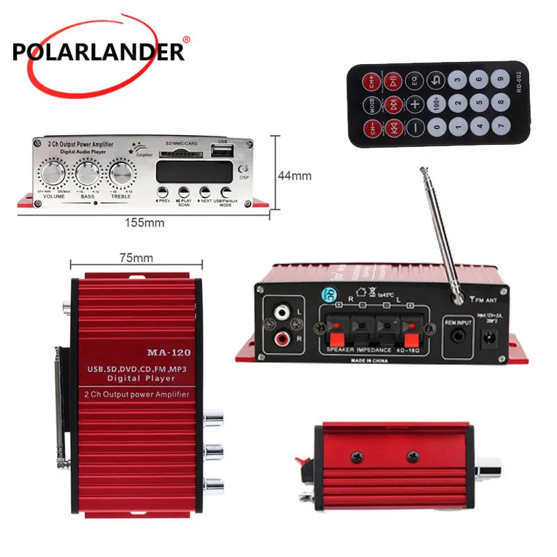 MA120 12V Bluetooth Power Amplifier 2CH 20W+20W FM Radio USB Reader for Motorcycle Car Audio