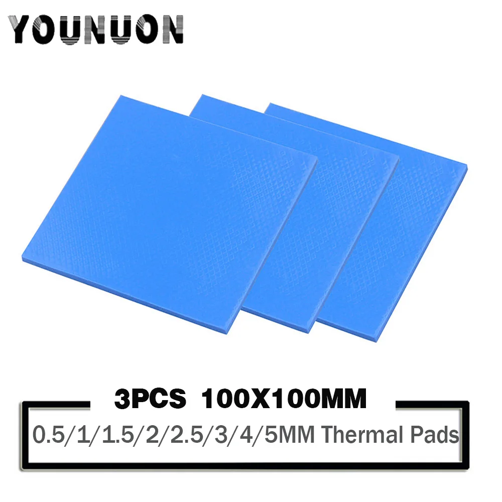 Almofada térmica condutora de silicone, 3 unidades, 100x100mm, 0.5/1/1.5/2/2.5/3/4/5mm de espessura, para computador, laptop, placa gpu, vga