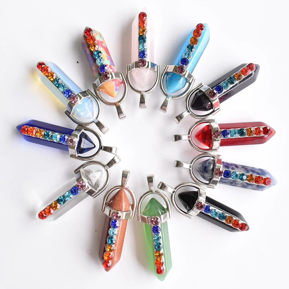 Natural stone Quartz crystal Opal mix pillar charms 7chakra Necklace Pendant  for women Fashion Jewelry 12pcs wholesale