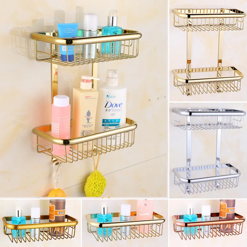 Bathroom Corner Shelf Copper Bath Shower Rack Gel Caddy Liquid Shampoo Holder Wall Mounted Chrome/Rose Gold Kitchen Storage