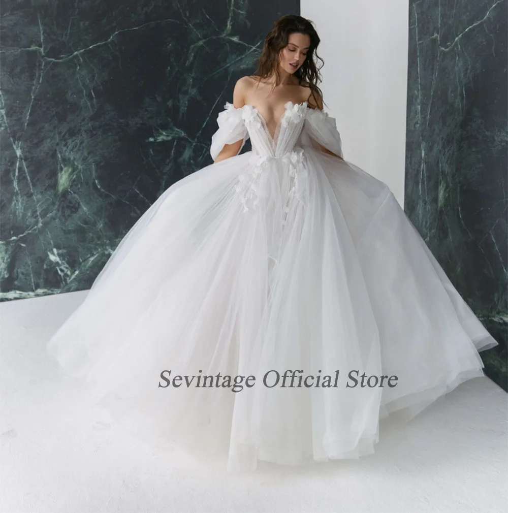 Sevintage lado alto dividir vestidos de casamento com decote em v inchado manga vestido de baile noivas vestido de renda apliques 3d flores vestido de princesa