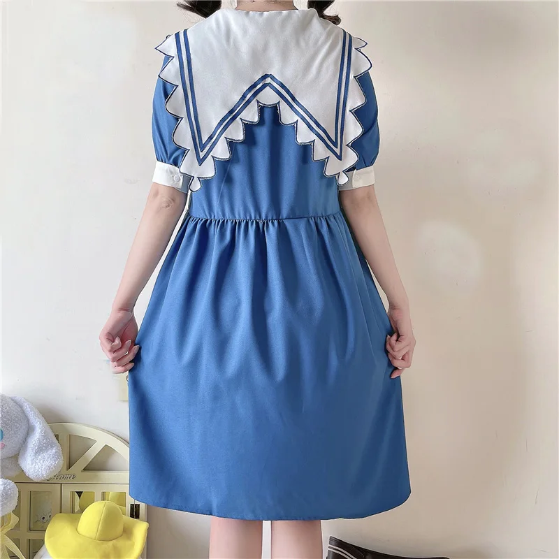 Japanese Lolita Sweet Chiffon Dress Girls Summer Pink Cute Bunny Rabbit Sailor Collar Short Sleeve Kawaii Casual Blue Dresses