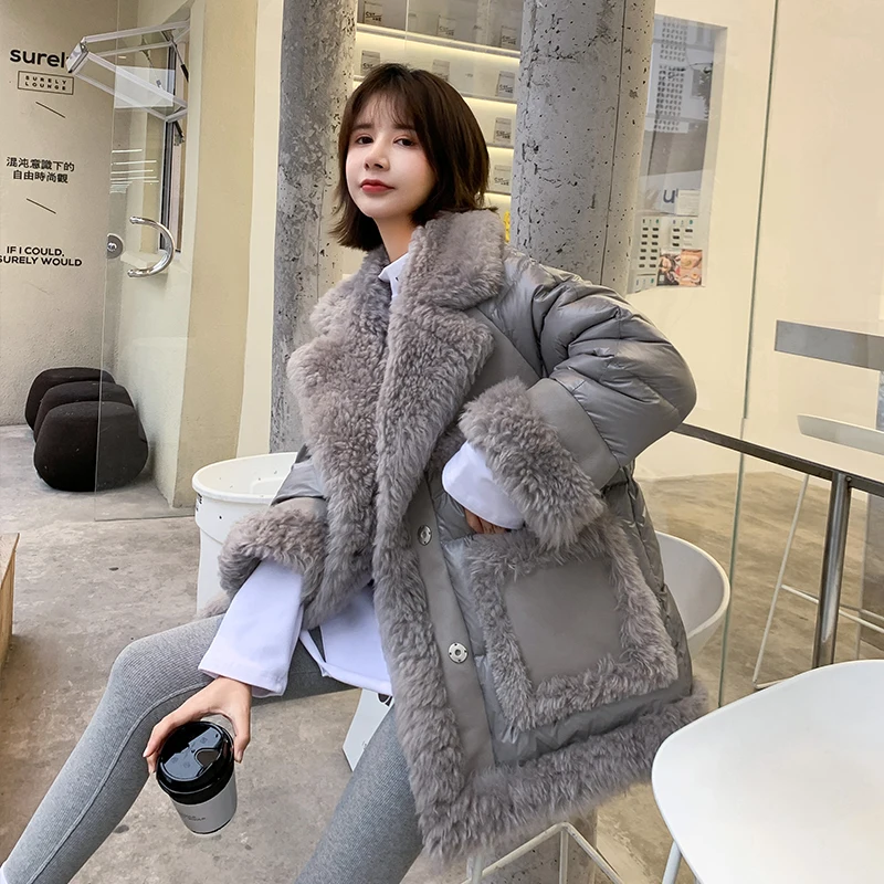 90% Duck Down Women's Jacket Mid-Length Warm Winter Glossy Coat New Loose Faux Lamb Fur Panel Leather Pop Parka Femme Overcoat