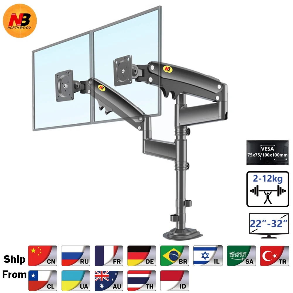 NB Baru H180 22 "-32" Monitor Ganda Pemegang Meja Lengan Gas Musim Semi Gerak Penuh LCD TV Dudukan 2-12Kg Ergonomica Braket Klem Lengan Ganda