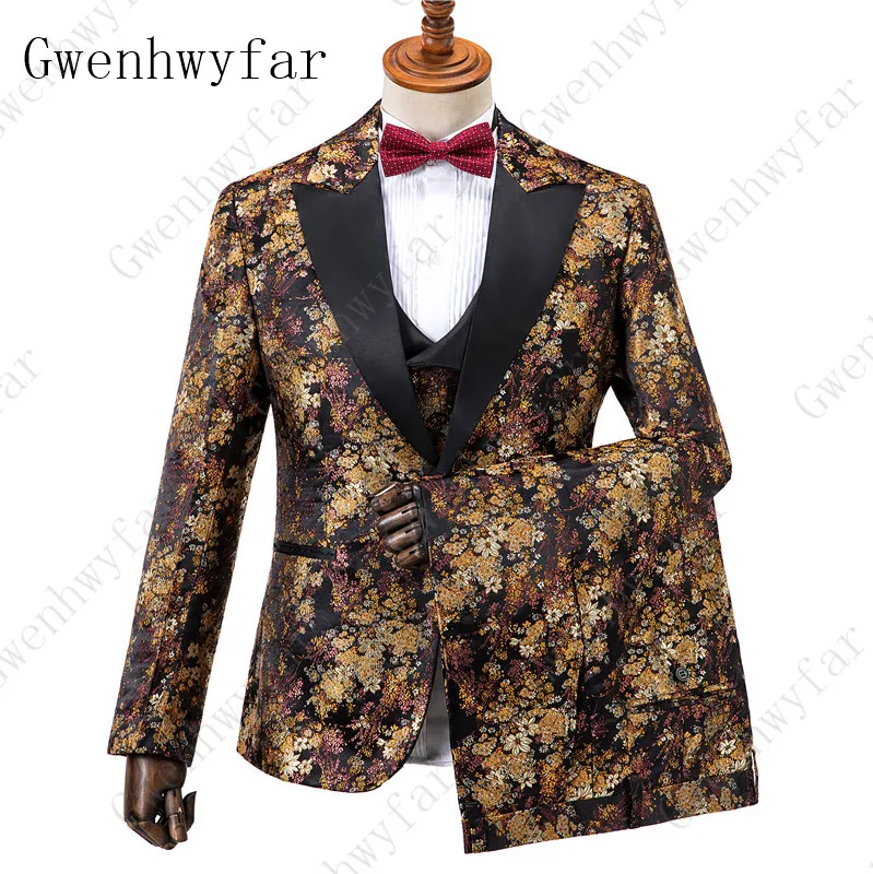 

Gwenhwyfar Brand New Tide Male Plus Size Floral Pattern Slim Fit Men Suits With Pants Wedding Groom Tuxedo Singer Costume 3 Set