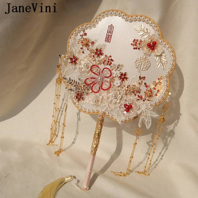 JaneVini Neue Luxus Gold Braut Bouquets Fan Künstliche Spitze Blumen Perlen Quasten Perlen Chinesische Metall Fan Hochzeit Zubehör