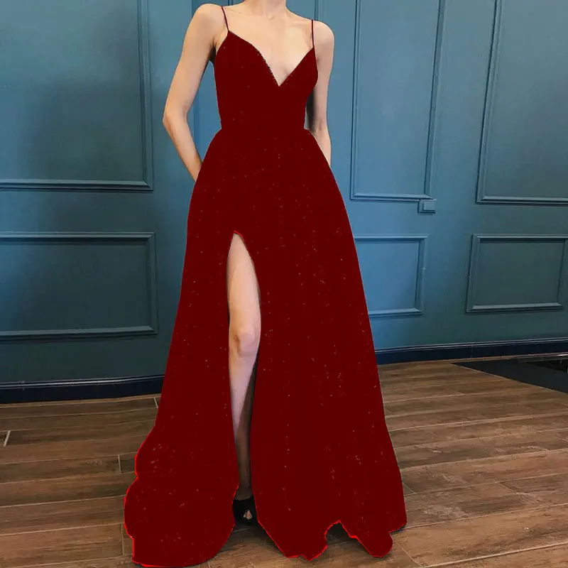 Sexy Side Slit Spaghetti Strap Dress, Vestidos pretos de festa em V-Neck Prom, Sereia Robe, Formal