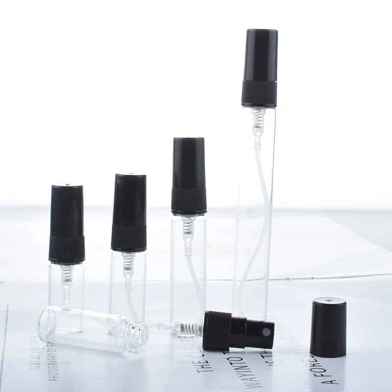 Flcopropriété pulvérisateur en verre noir clair, atomiseur de parfum noir, mini tube à essai d'échantillon, flacons en verre fins, 2ml, 3ml, 5ml, 10ml, 50 pièces par lot