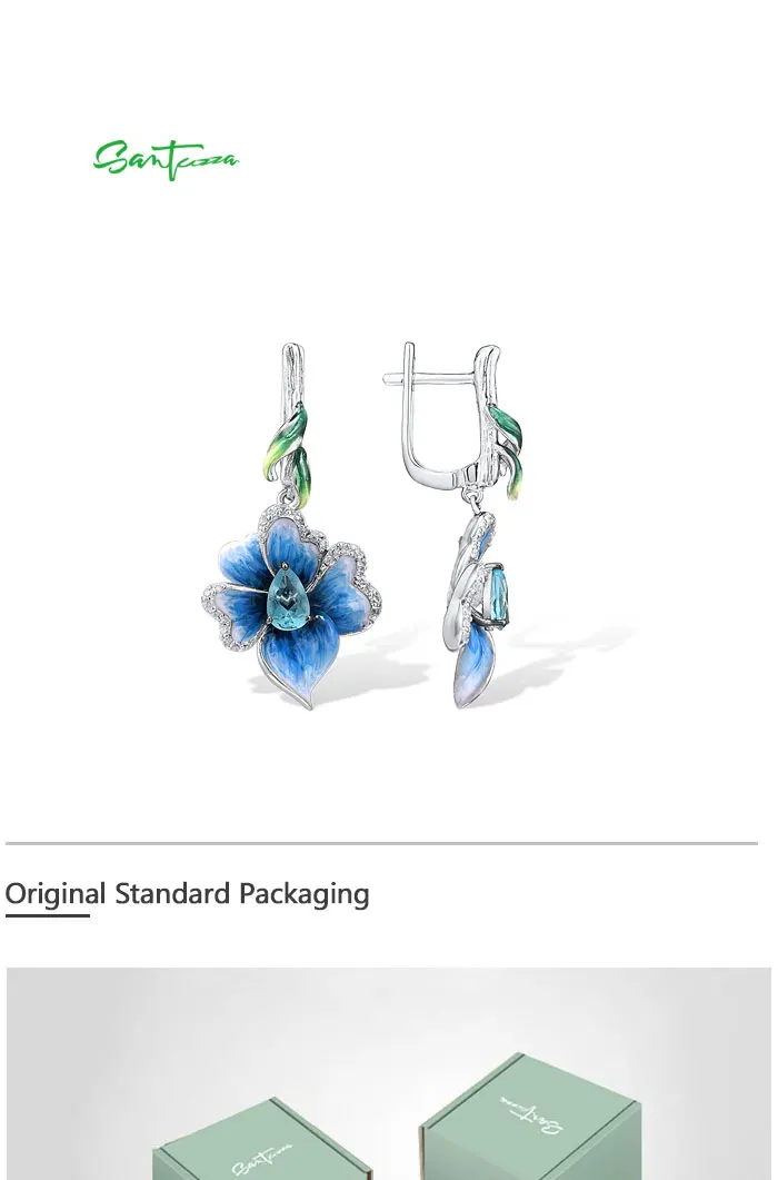 SANTUZZA Silber-Ohrhänger für Damen, Echtes 925 Sterling Silber, Elegante Blaue Blumen, Trendiger Edel-Schmuck, Handgefertigte Emaille – Detail 5