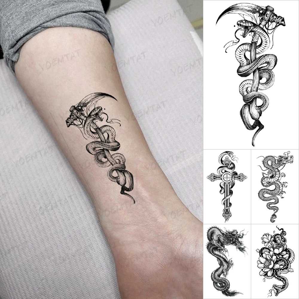 

Black Snake Death Sickle Waterproof Temporary Tattoo Sticker Dragon Flower Cross Old School Tatto Women Men Wrist Body Art Tatoo