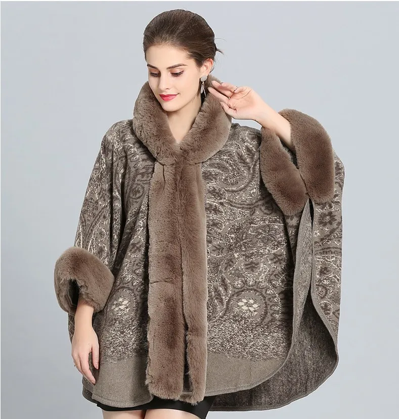 

Female new autumn and winter hooded shawl cloak imitation fox fur collar plus size knitted cloak with sleeves jacket