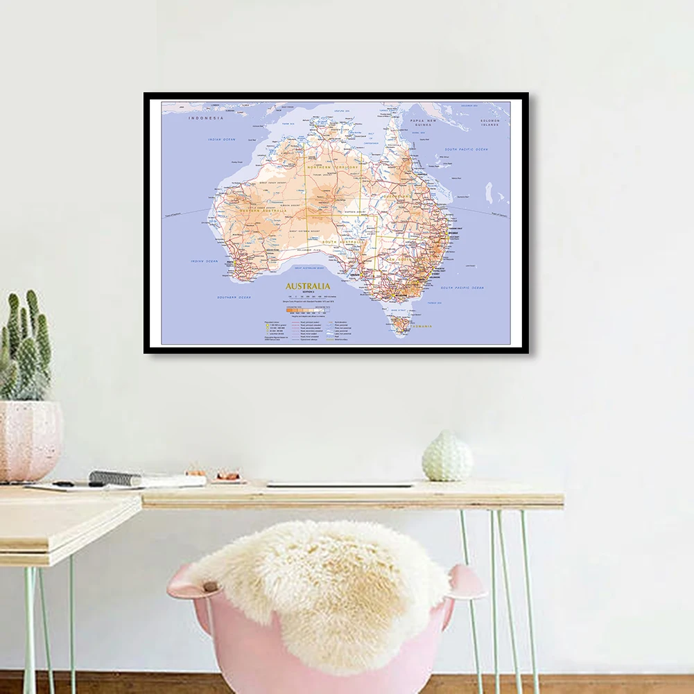 84*59cm The Australia Terrain and Traffic Map Wall Art Poster Canvas Painting Home Decoration Children School Supplies