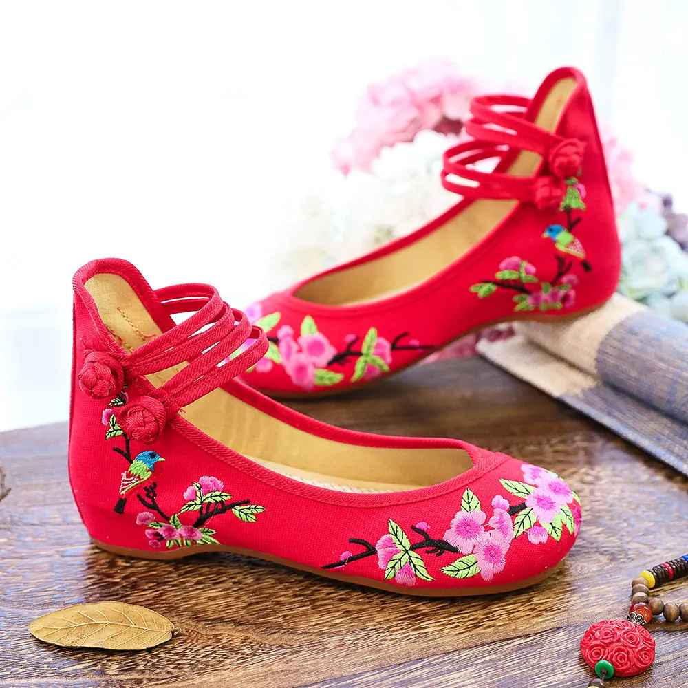 Veowalk Flower Bird Embroidered Women Cotton Cloth Flat Shoes Ladies Vintage Chinese Style Soft Comfortable Ballet Flats