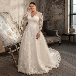 Modest Long Sleeves Plus Size Wedding Dress for Bride Customized V Neck Lace Glitter Lace A Line Long Train Corset Bridal Gowns