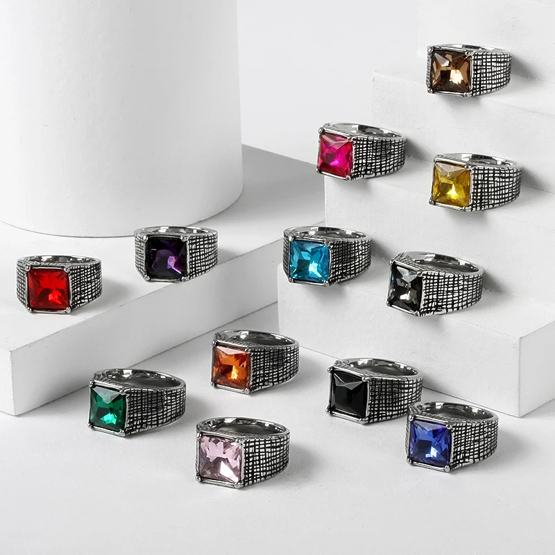 

Square 12 Colour Crystal Stone Rings For Men Titanium Steel Inlaid Men Domineering Turkey Pink Jewelry Women Gif