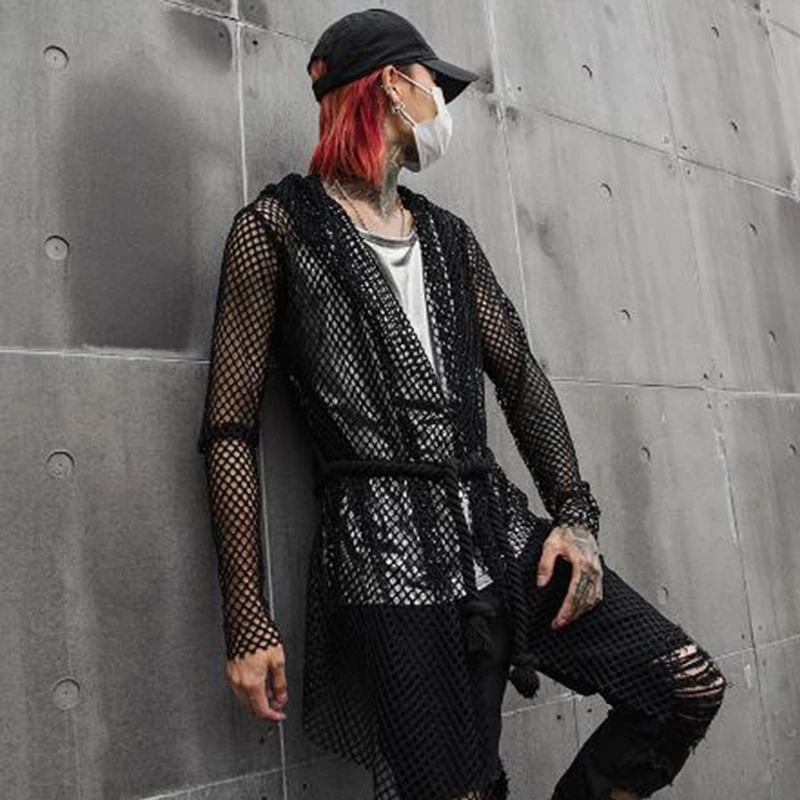 Nightclub DJ singer sexy mesh hip hop punk rock t shirt long tops with waist rope mens harajuku gothic hooded tee shirts cloak