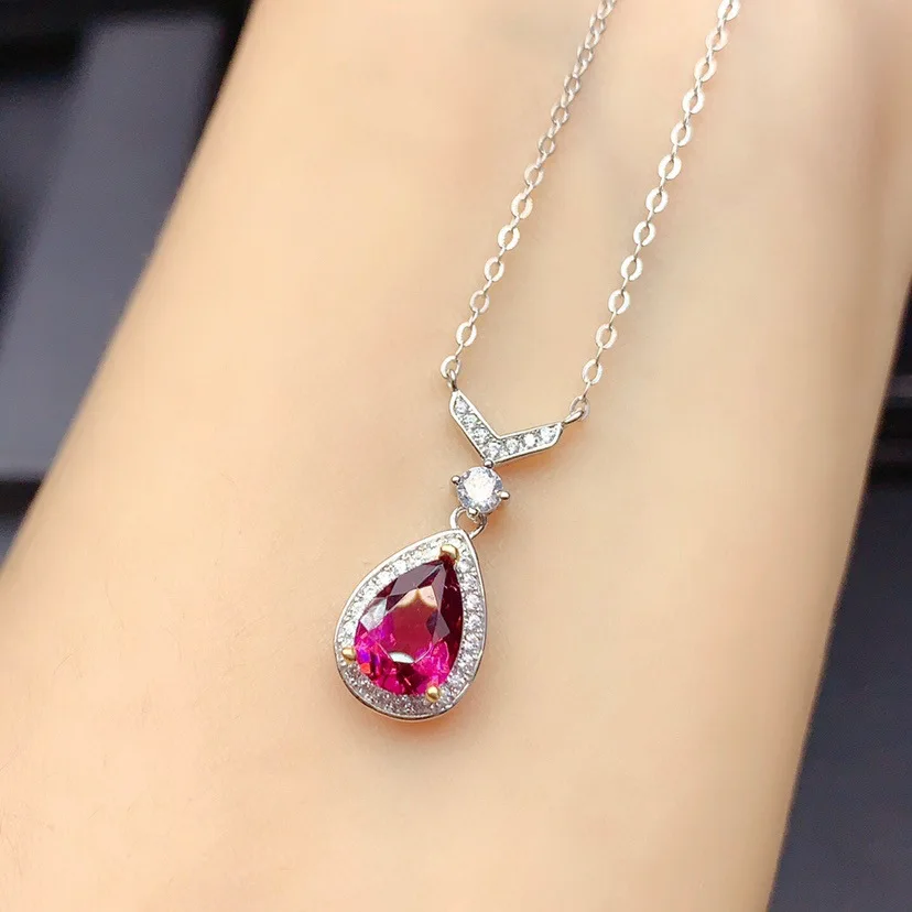 

Pendants for Necklace Jewelry 925 Sterling Silver Natural Rubellite Water Drop V-shaped Clavicle Chain Romantic Keepsake Jewelry