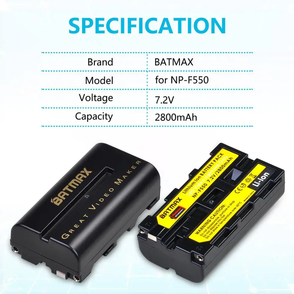 Batmax NP-F550 NP-F570 Battery+Charger for Yongnuo Viltrox Video Light YN300 II YN300 III YN600 Air T119S for NP-F Video Light