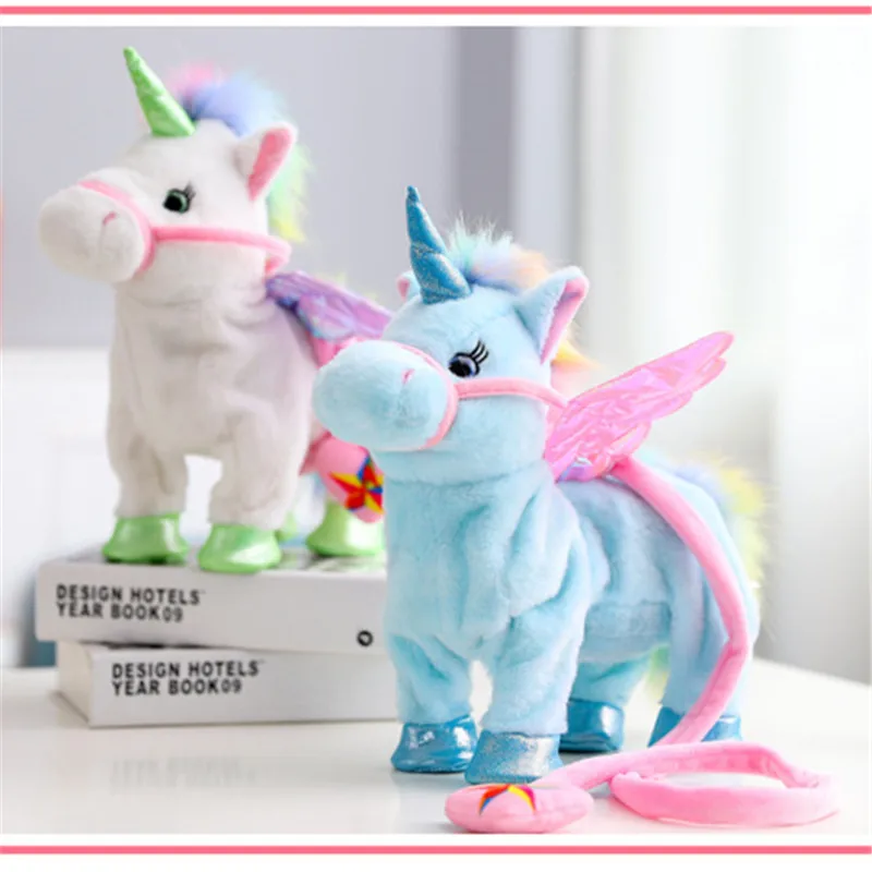 35cm Lovely Electric Walking Unicorn Plush Toy Soft Stuffed Animal Electronic Unicorn Doll Sing the Song for Baby Birthday Gifts