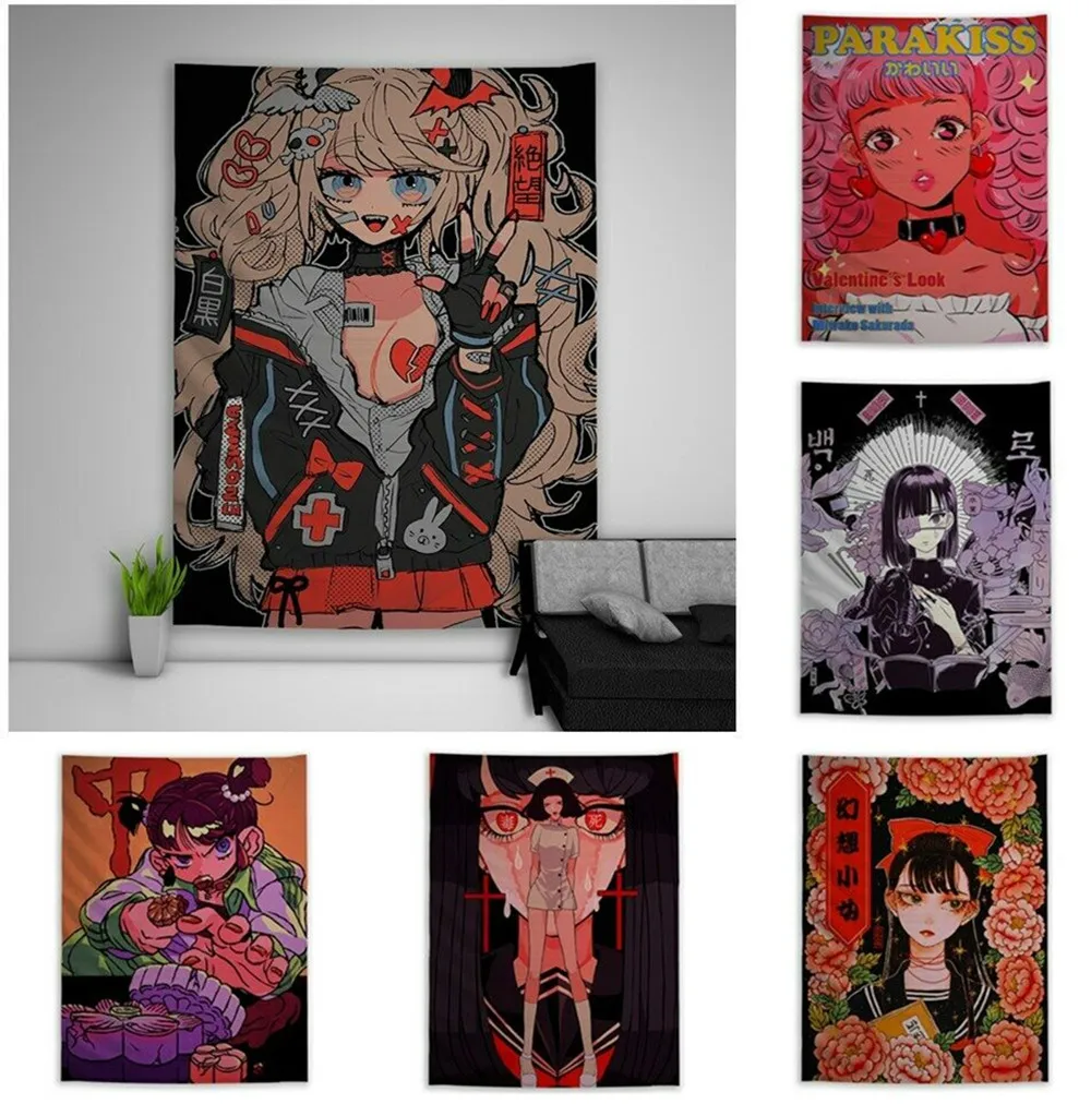 Home Kawaii Anime Girl Illustration Hanging Tapestry Aesthetic Japanese Tapisserie Blankets Ins Art Wall Poster Decoration Mural