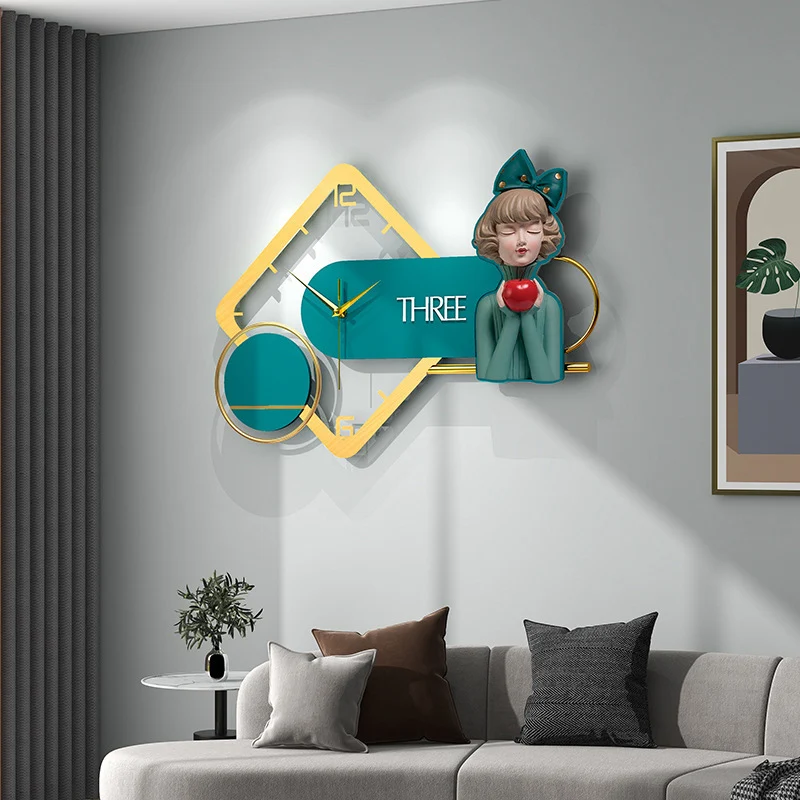 TUDA Light Luxury Creative Green Cartoon Art Deco Wall Clock Living Room Bedroom Fashionable Modern Minimalist Girl Silent Clock