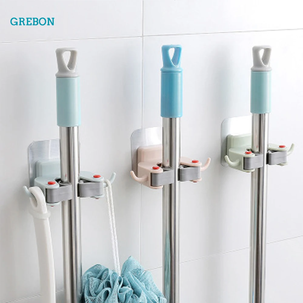 

1Pc Wall Mounted Mop Organizer Holder kitchen Rack Bathroom Hook Brush Broom Hanger Storage Seamless Hanging Multi-function Clip