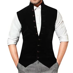 Men's Suit Vest Velvet Stand up Collar Single Breasted Wedding Groom Vest Slim Fit Sleeveless Steampunk Vest for men Waistcoat