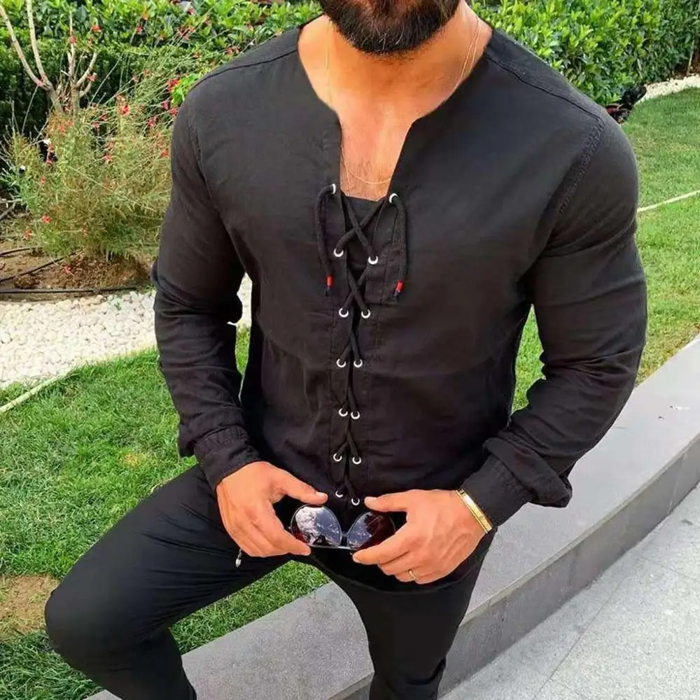 Plus Size M-XXXL Medieval Shirt Lace-up Men Shirts Pirate Landlord Knight Tunic Casual Shirt Costume